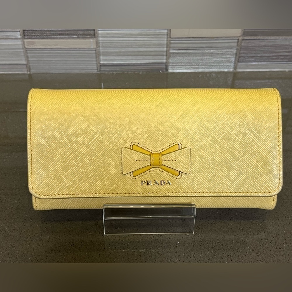 Prada Saffiano Leather Bow Continental Flap Wallet - Yellow
